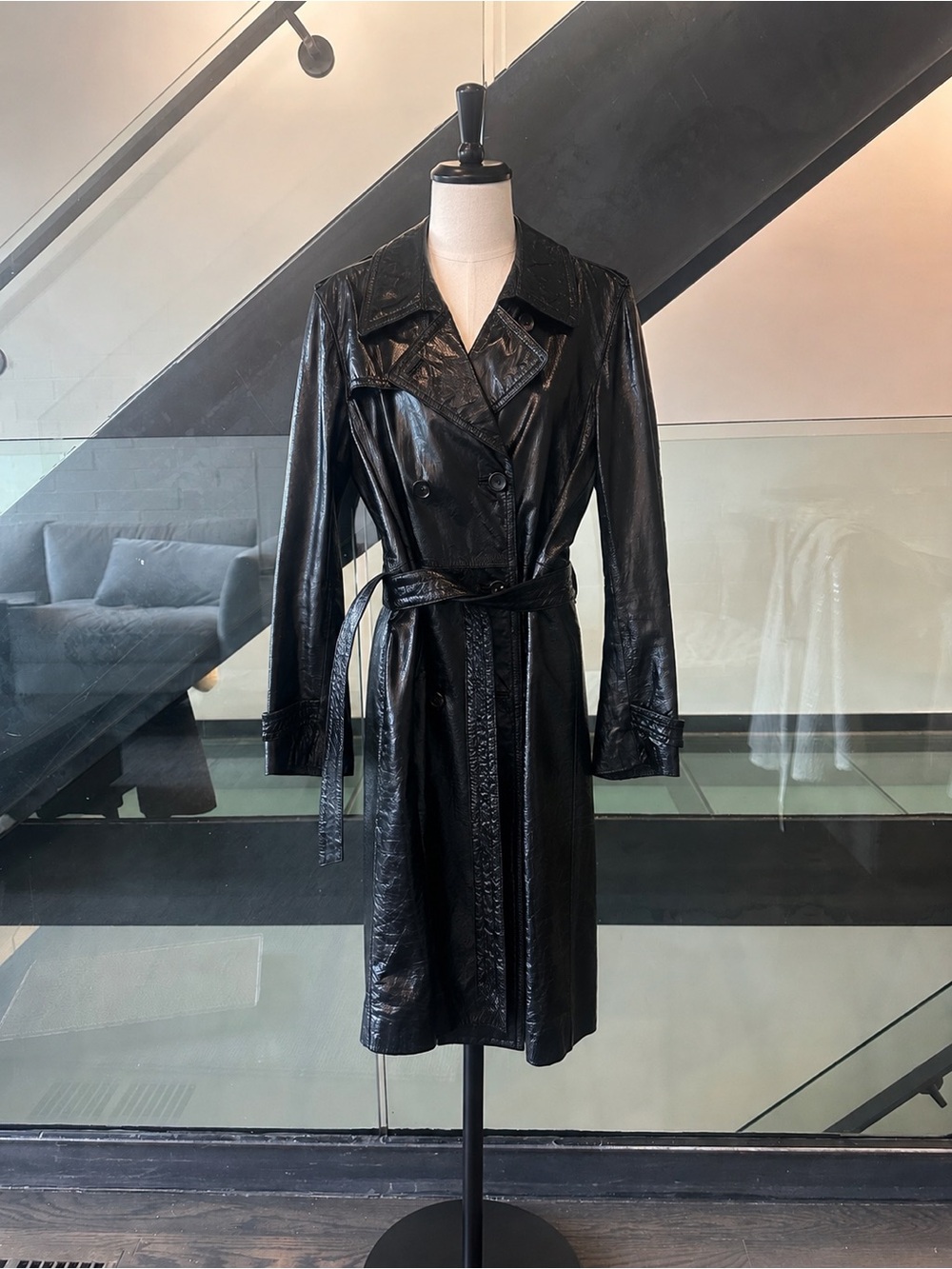 Tommy Hilfiger Black Patent Leather Double-Breasted Trench Coat